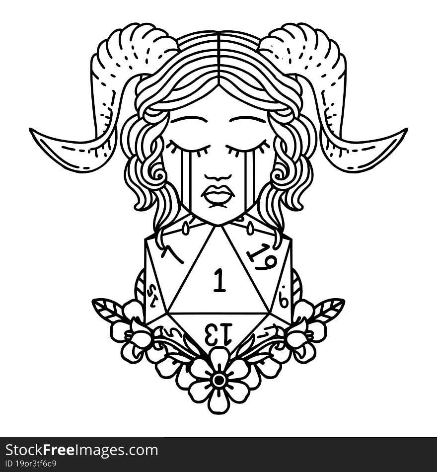 Black and White Tattoo linework Style crying tiefling with natural one D20 dice roll. Black and White Tattoo linework Style crying tiefling with natural one D20 dice roll