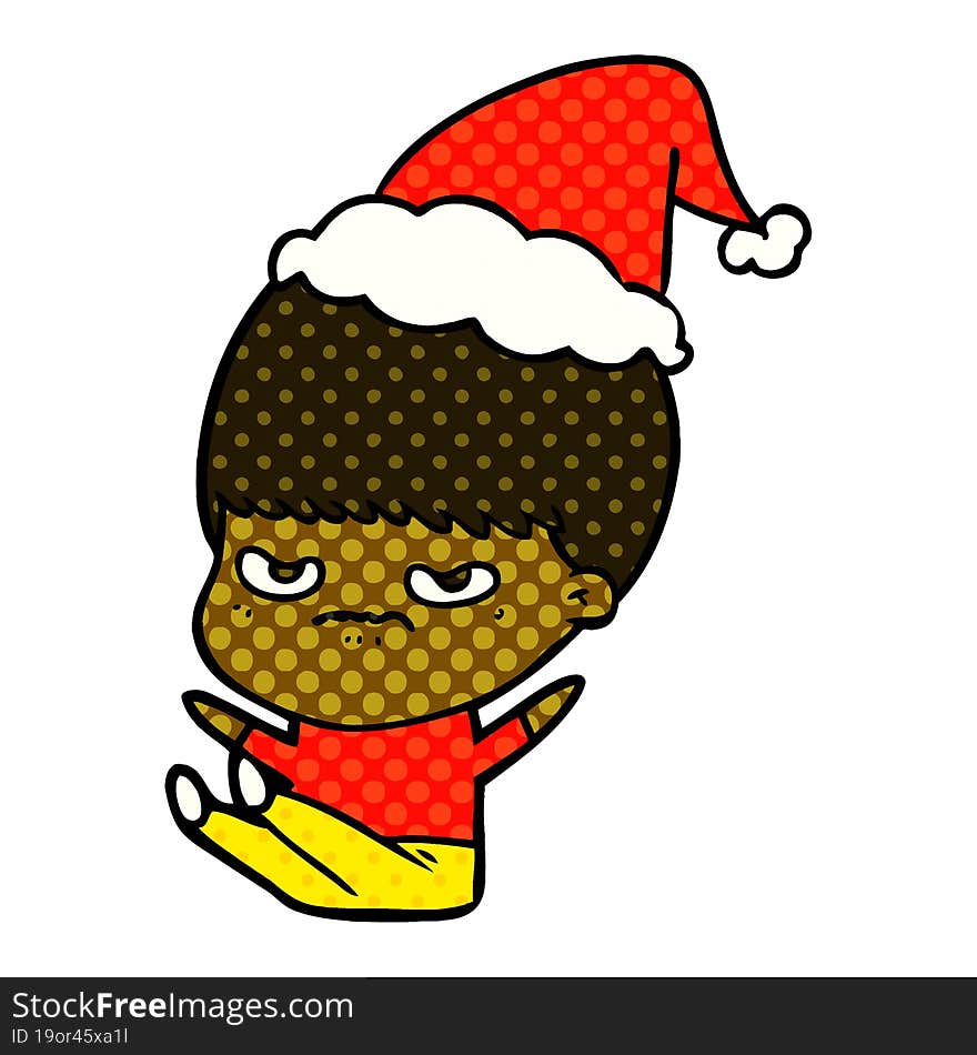 comic book style illustration of a boy wearing santa hat