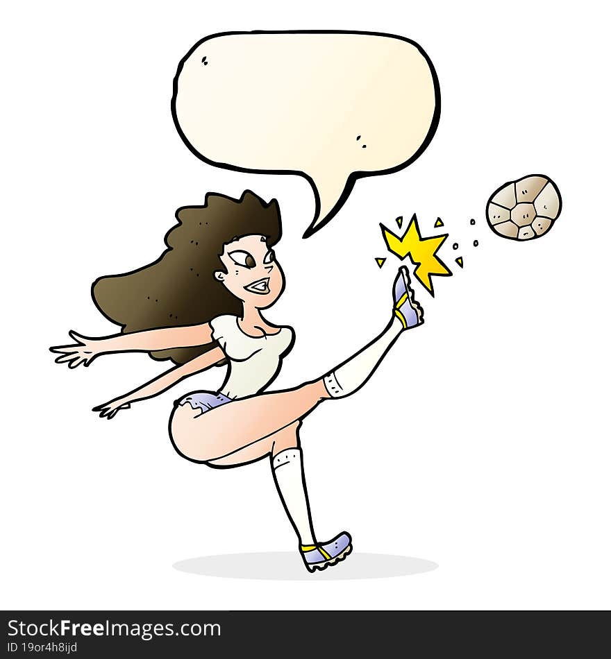 cartoon female soccer player kicking ball with speech bubble