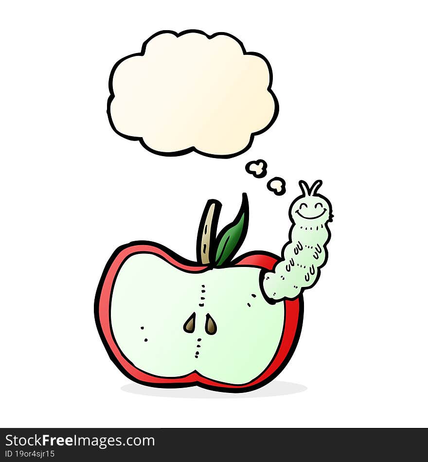 cartoon apple with bug with thought bubble