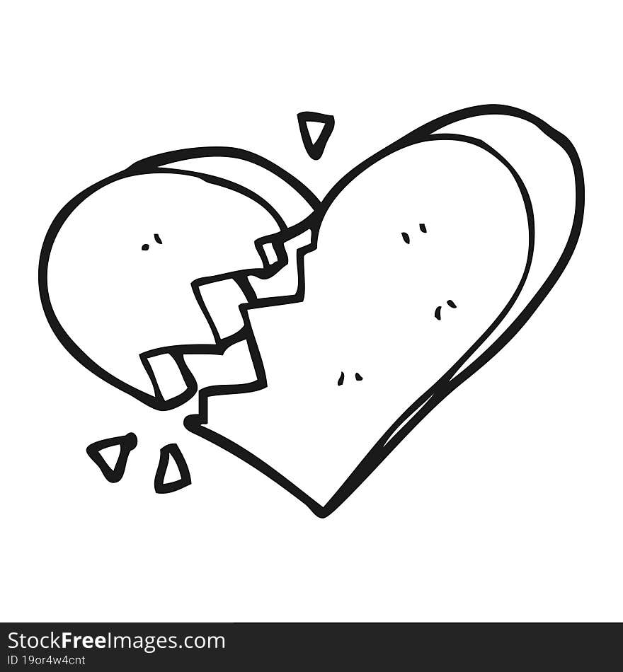 freehand drawn black and white cartoon broken heart