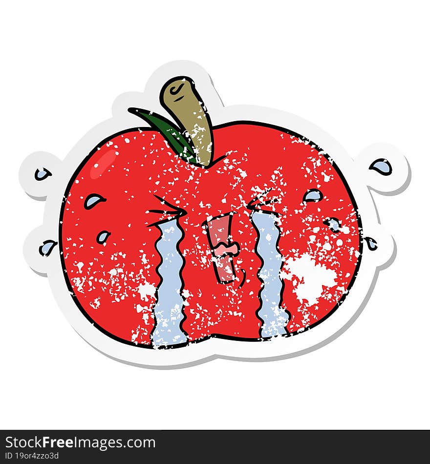 Distressed Sticker Of A Cartoon Apple Crying