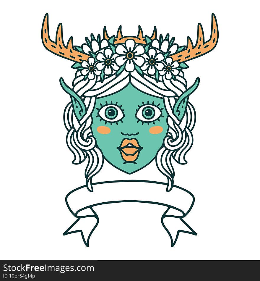 Retro Tattoo Style elf druid character face with banner. Retro Tattoo Style elf druid character face with banner