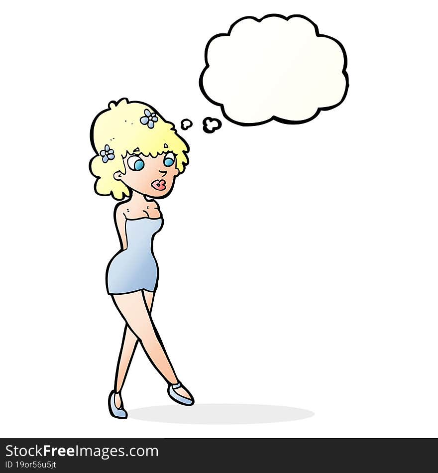 Cartoon Woman Posing In Dress With Thought Bubble