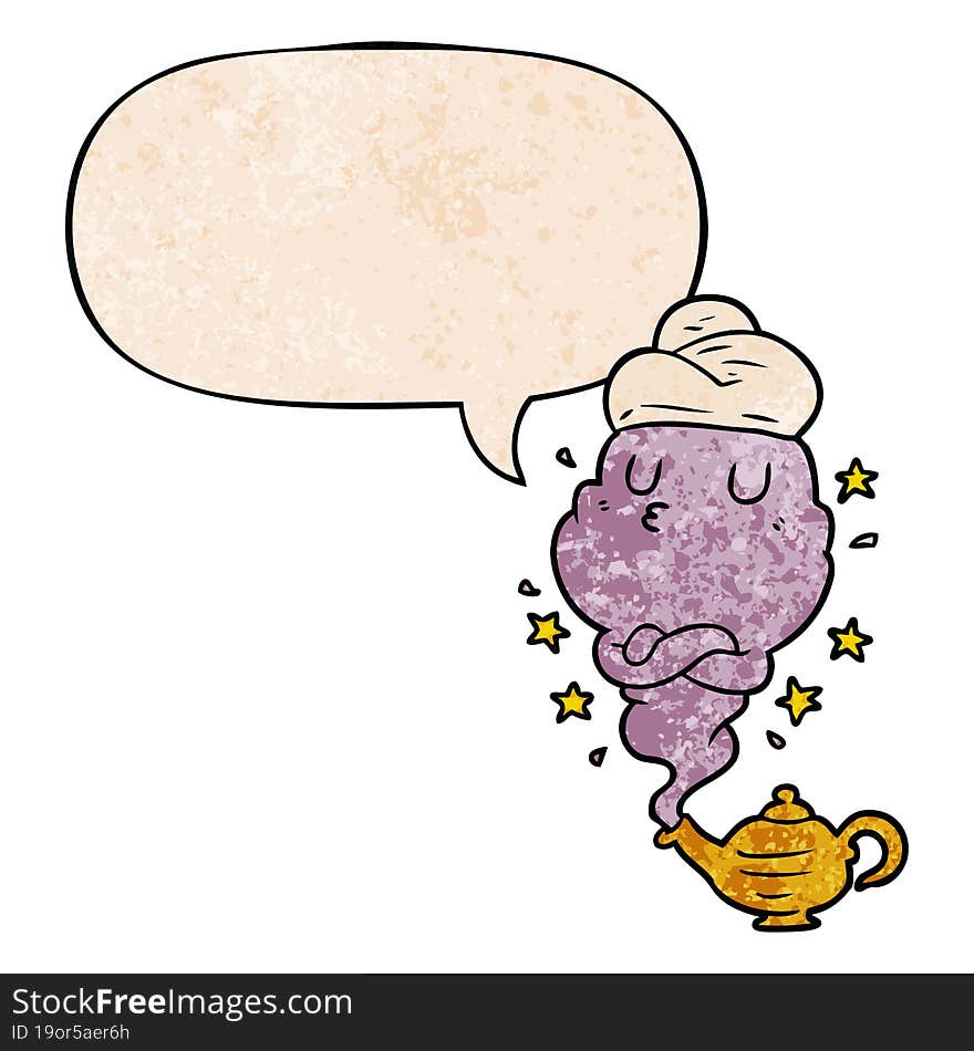 cute cartoon genie rising out of lamp with speech bubble in retro texture style