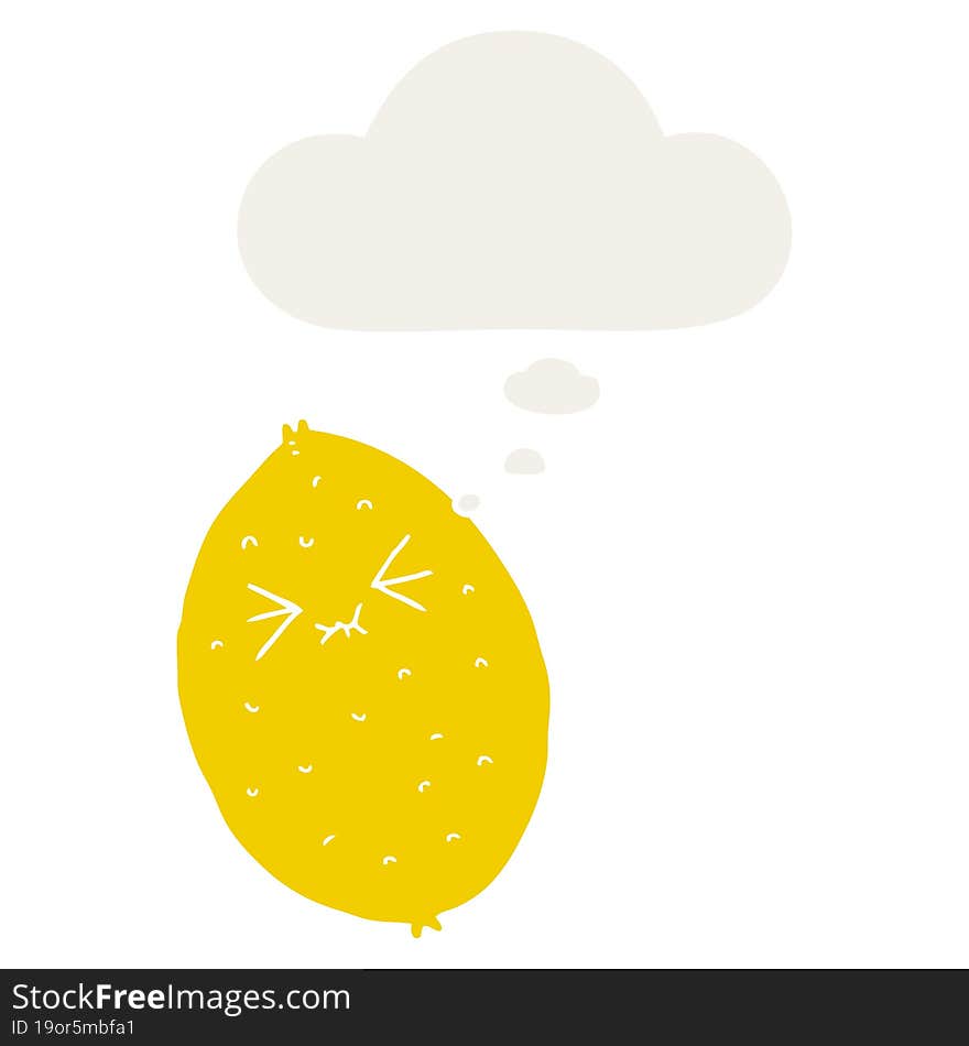 cartoon bitter lemon with thought bubble in retro style