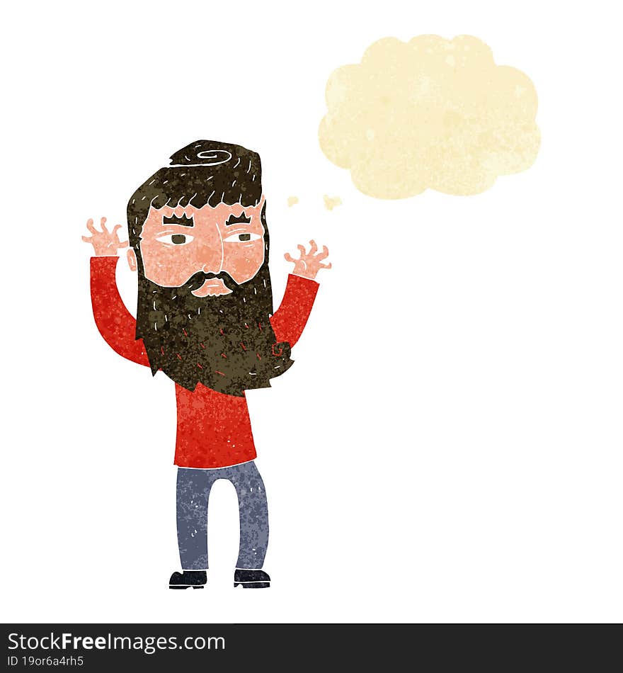 cartoon bearded man waving arms with thought bubble