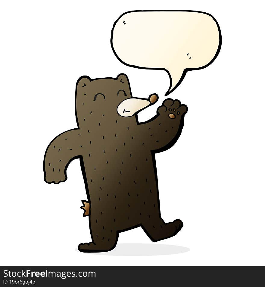 cartoon waving black bear with speech bubble