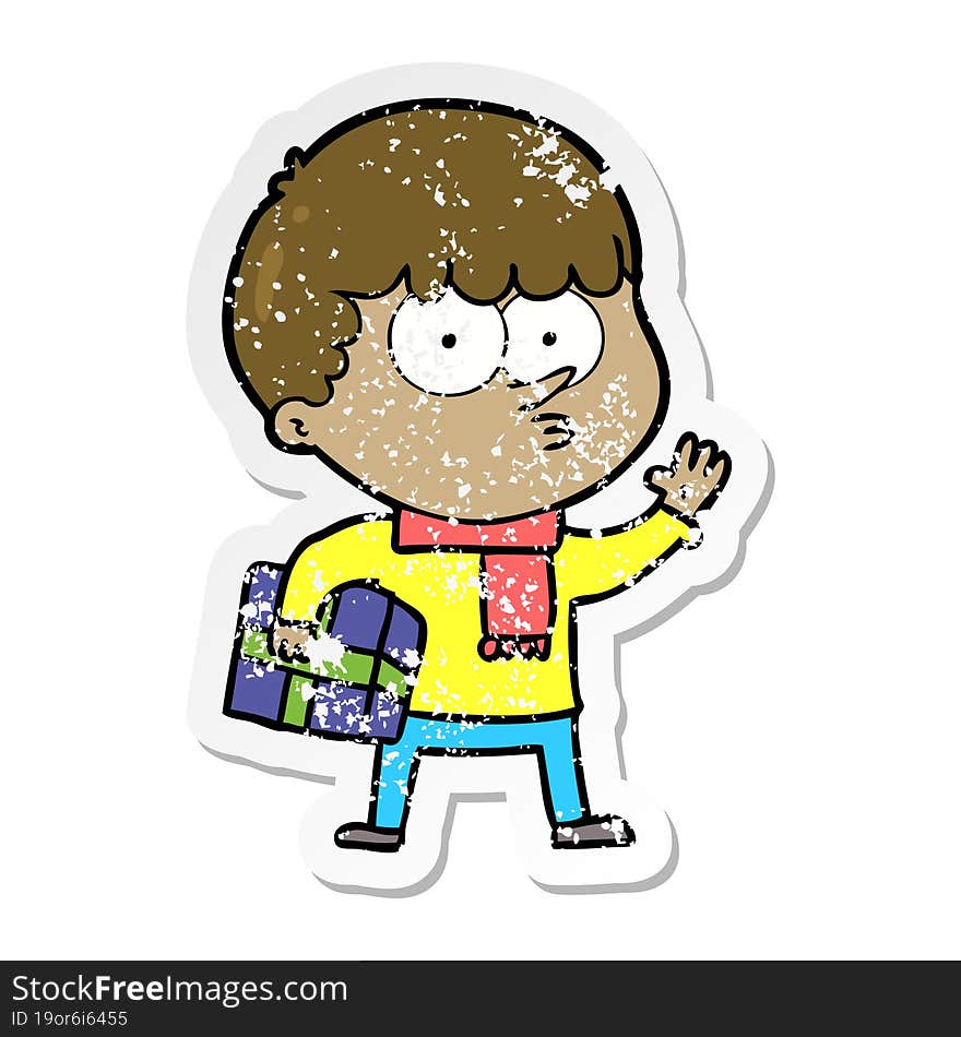 distressed sticker of a cartoon curious boy carrying a gift