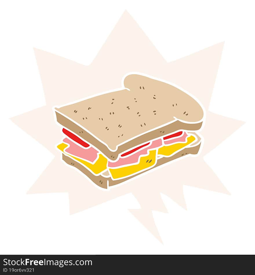 cartoon ham cheese tomato sandwich and speech bubble in retro style