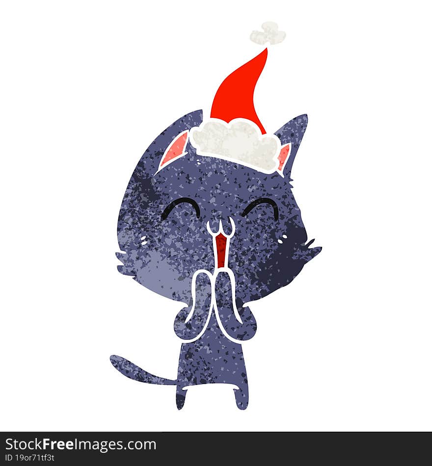 happy retro cartoon of a cat wearing santa hat