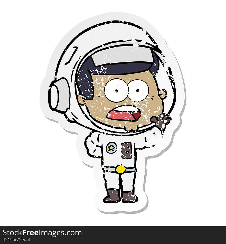 distressed sticker of a cartoon surprised astronaut