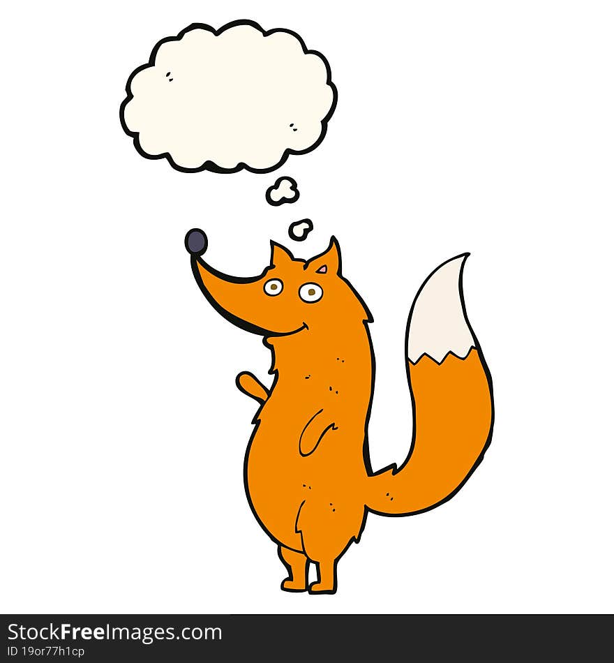 cartoon waving fox with thought bubble