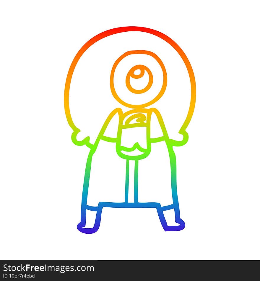 rainbow gradient line drawing of a cartoon cyclops alien spaceman