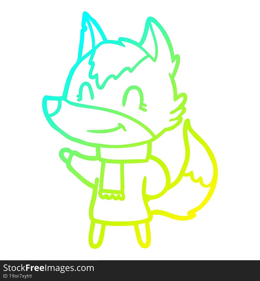 cold gradient line drawing friendly cartoon wolf in winter clothes