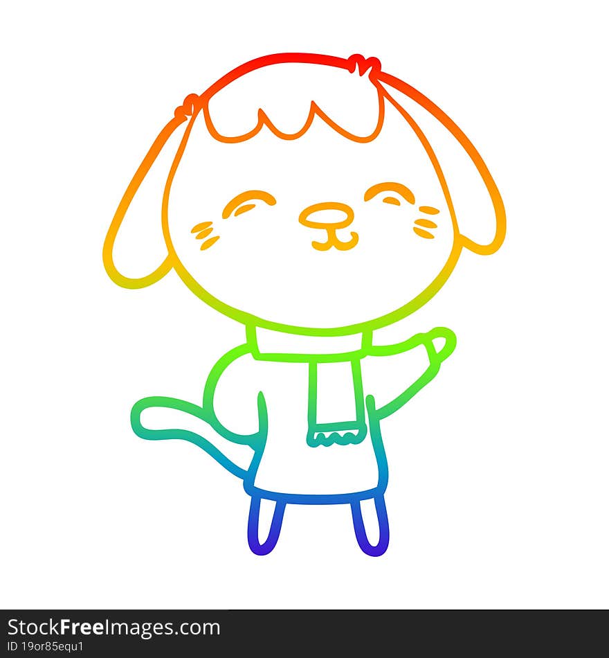 rainbow gradient line drawing happy cartoon dog in winter clothes