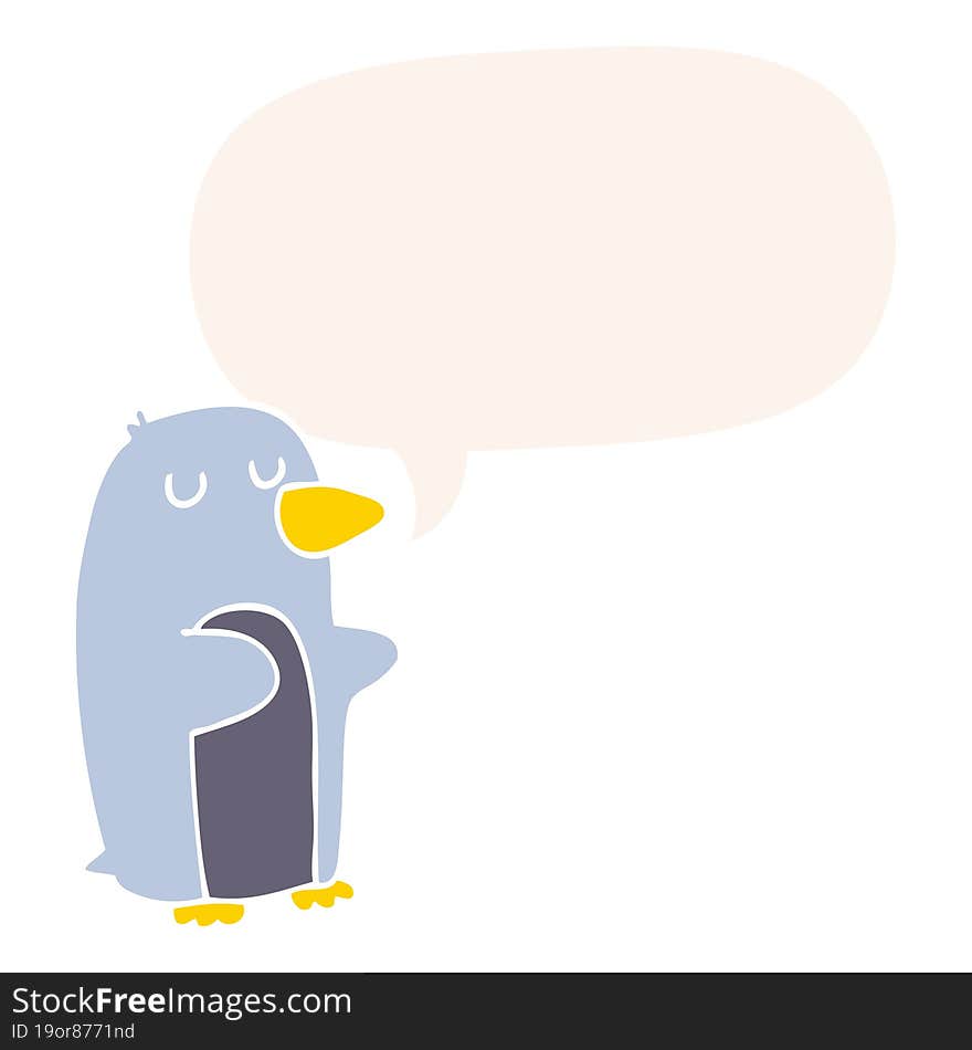 cartoon penguin with speech bubble in retro style