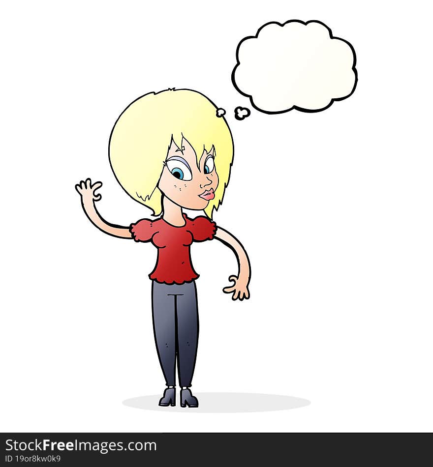 cartoon woman waving with thought bubble