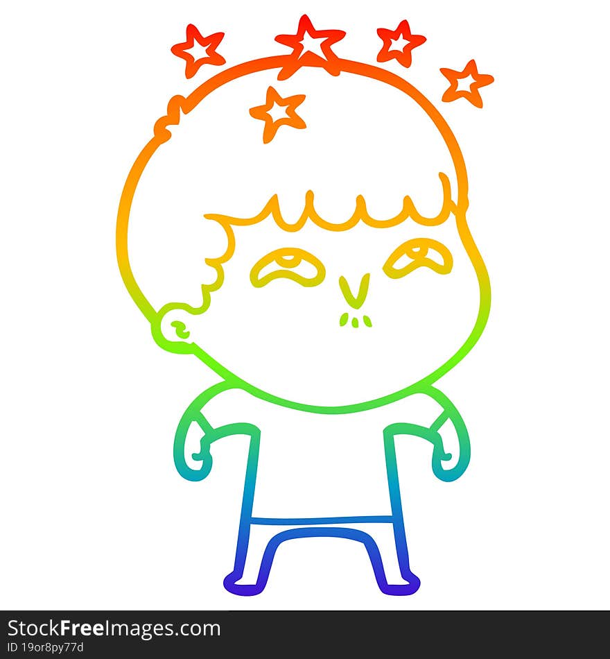 rainbow gradient line drawing of a cartoon amazed boy