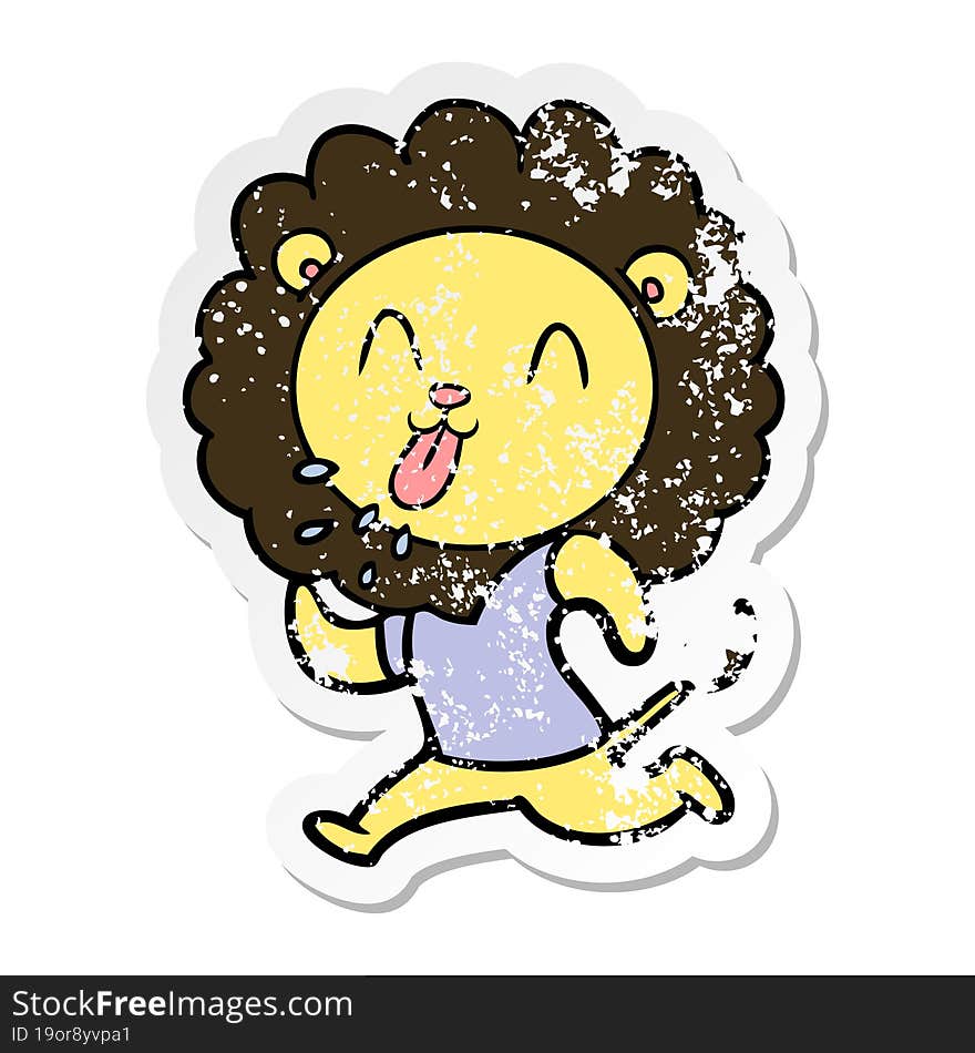 distressed sticker of a happy cartoon lion