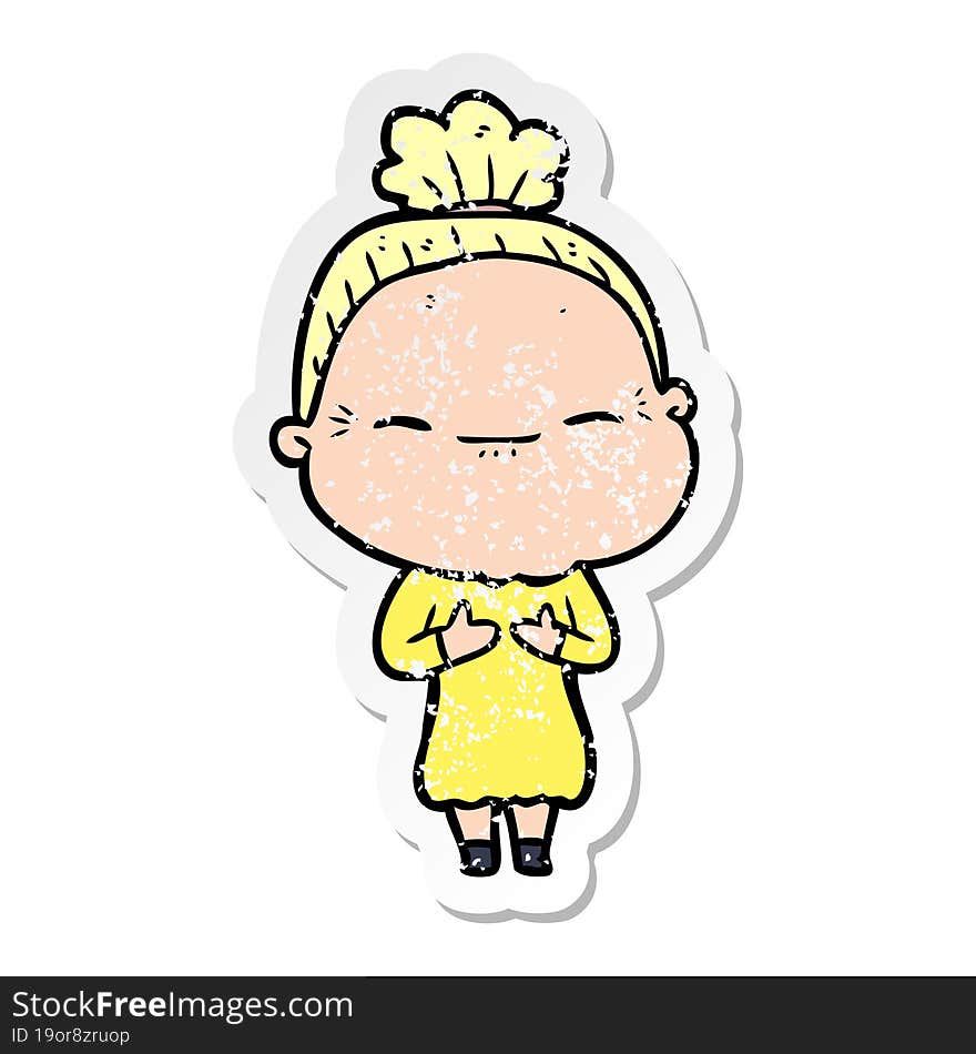 distressed sticker of a cartoon peaceful old woman