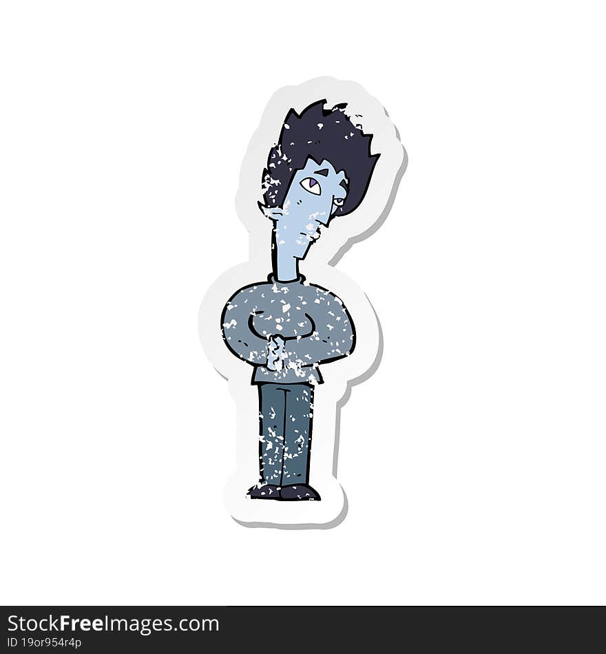 retro distressed sticker of a cartoon curious vampire