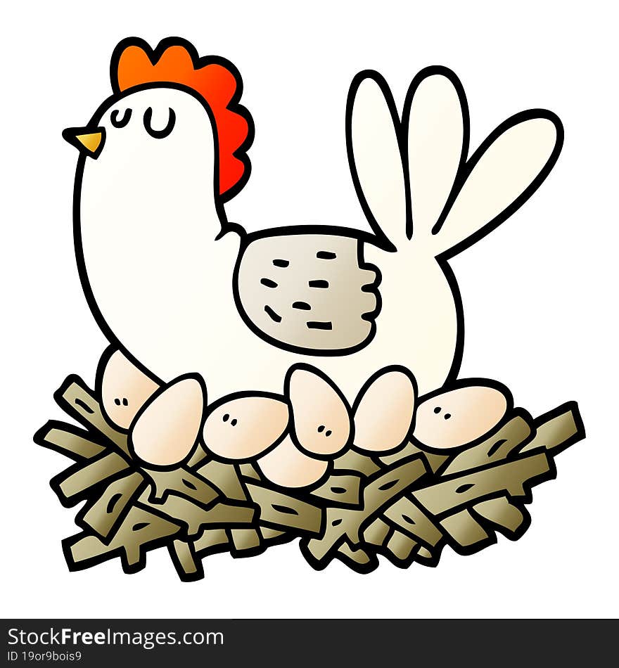 vector gradient illustration cartoon chicken on nest of eggs