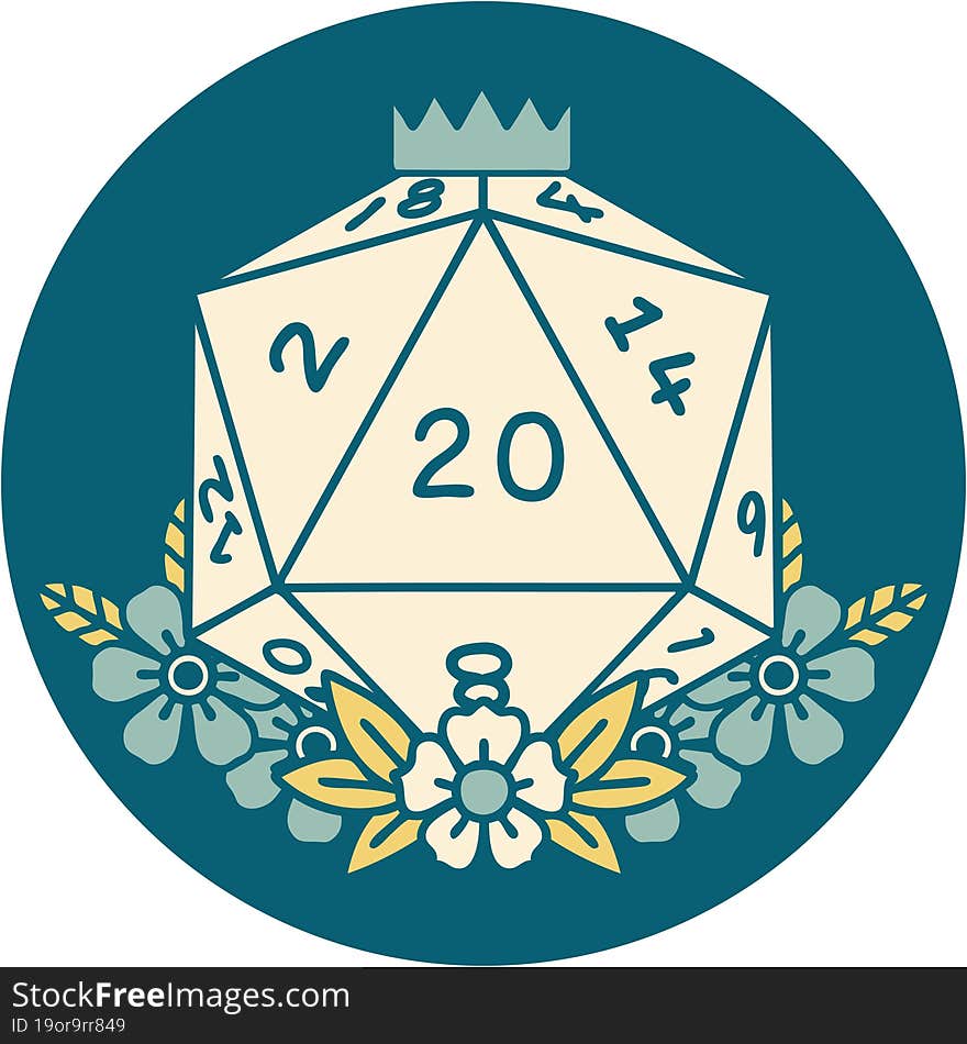 iconic tattoo style image of a d20. iconic tattoo style image of a d20