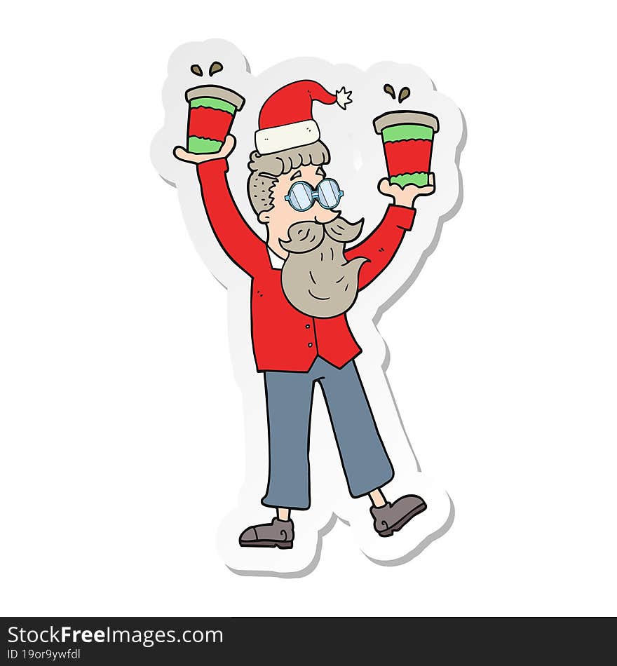 sticker of a cartoon man with coffee cups at christmas