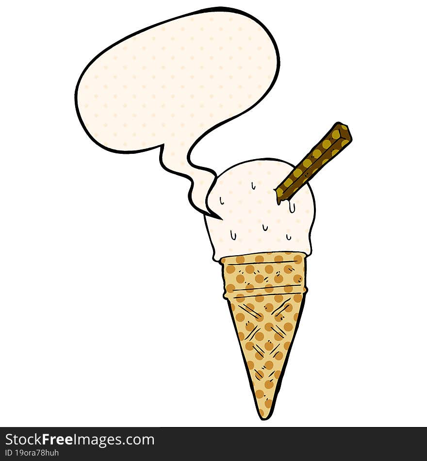 cartoon ice cream and speech bubble in comic book style