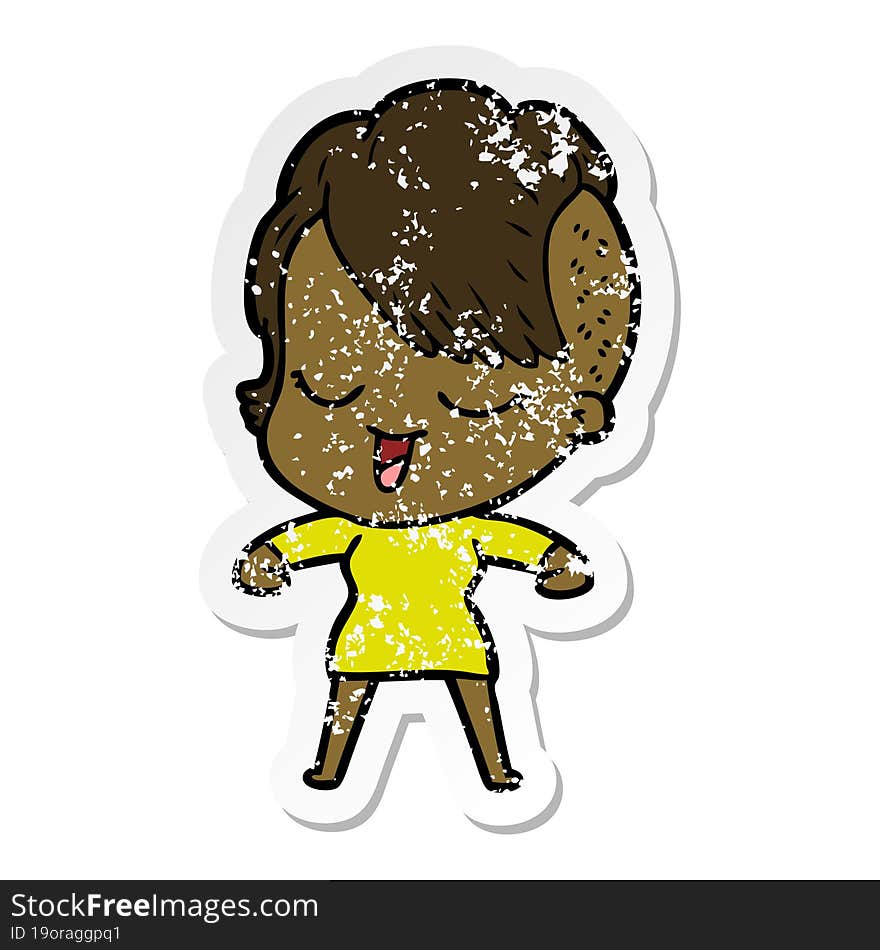 distressed sticker of a happy cartoon girl