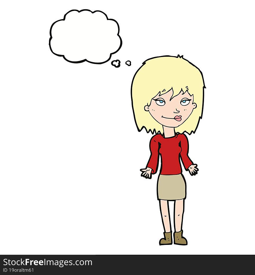 cartoon woman shrugging shoulders with thought bubble