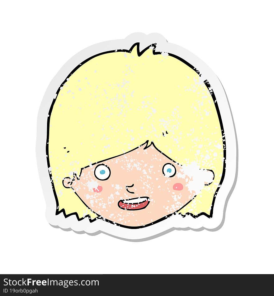 Retro Distressed Sticker Of A Cartoon Happy Female Face