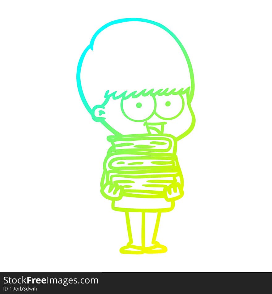 Cold Gradient Line Drawing Happy Cartoon Boy Holding Books