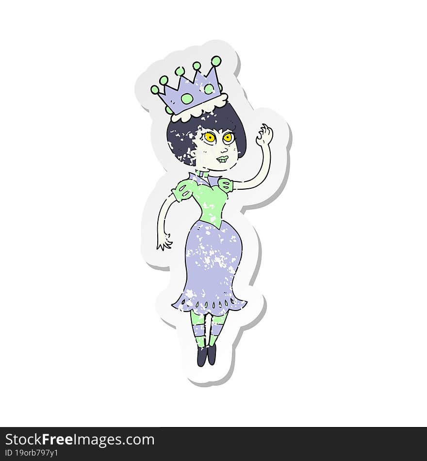 retro distressed sticker of a cartoon vampire queen waving