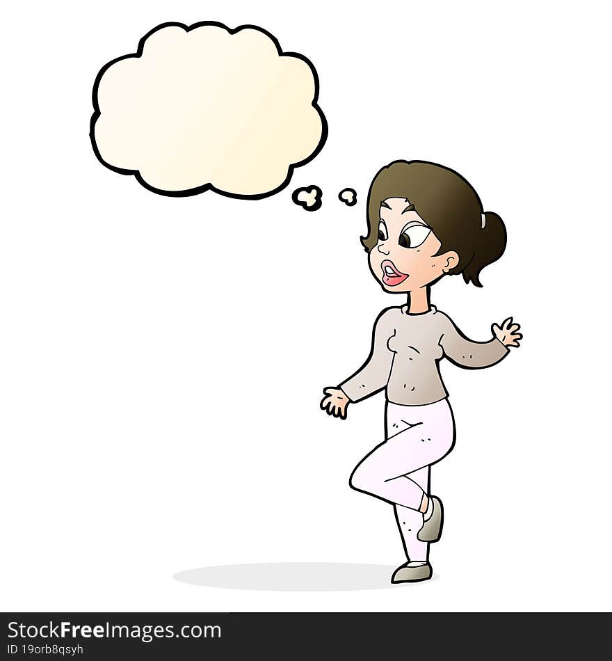 cartoon friendly woman waving with thought bubble