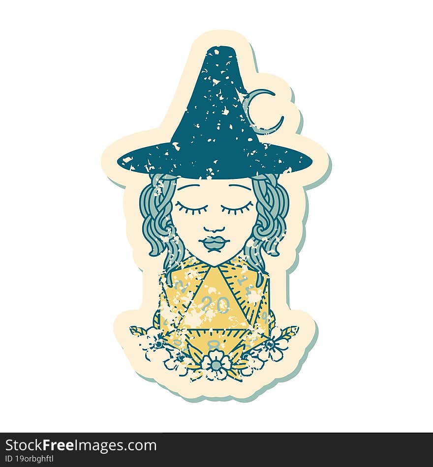 human witch with natural twenty dice roll illustration