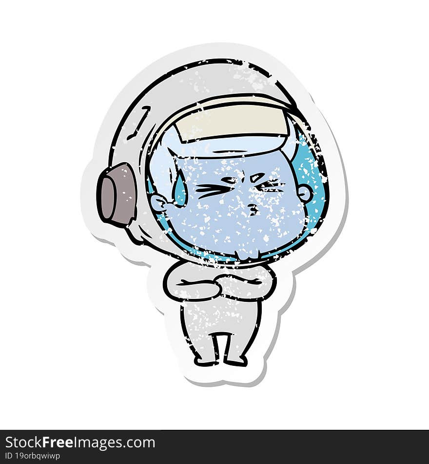 distressed sticker of a cartoon stressed astronaut