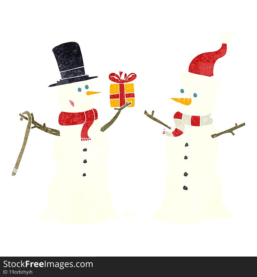 retro cartoon snowmen exchanging gifts