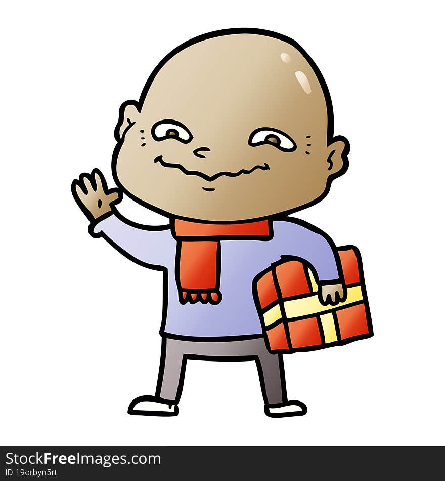 cartoon nervous man with xmas present. cartoon nervous man with xmas present