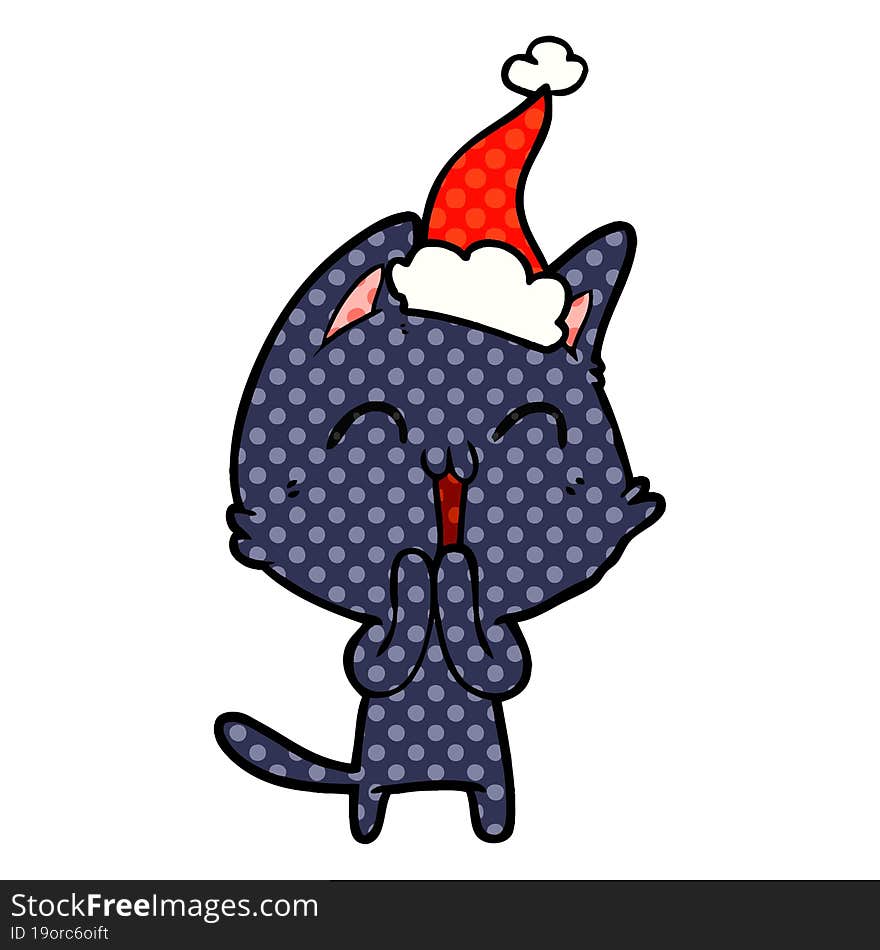 happy comic book style illustration of a cat wearing santa hat