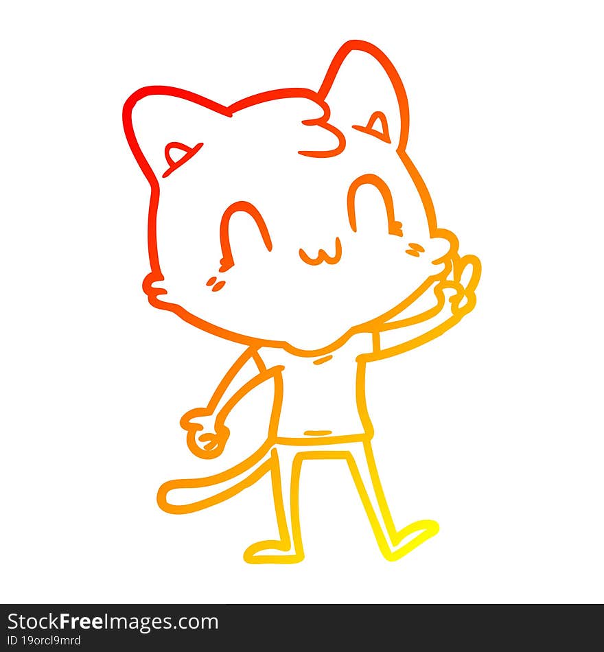 warm gradient line drawing cartoon happy cat giving peace sign