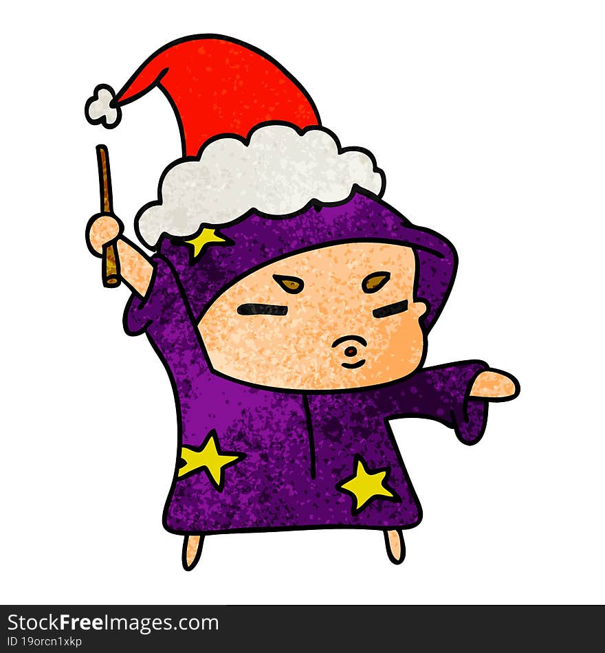 hand drawn christmas textured cartoon of kawaii wizard