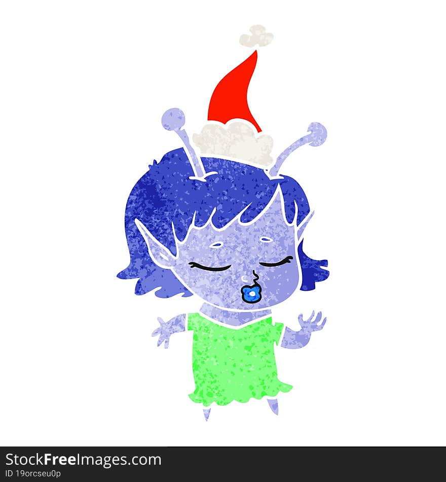 cute alien girl retro cartoon of a wearing santa hat