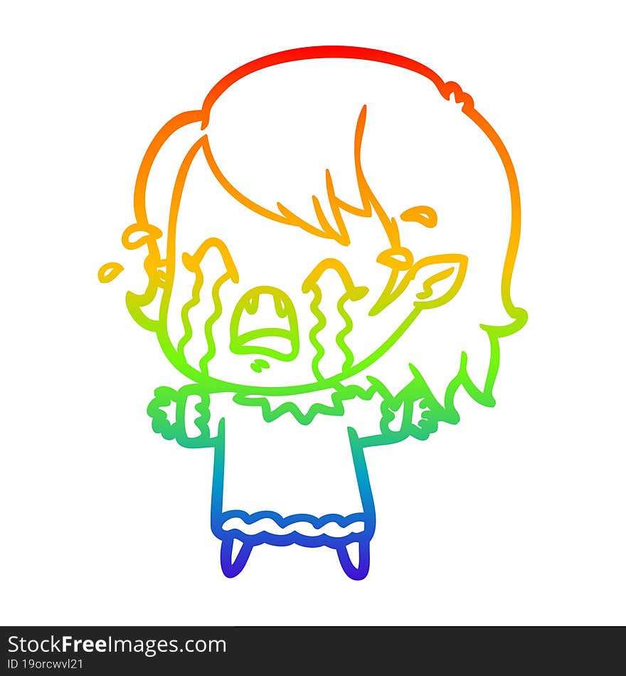 rainbow gradient line drawing cartoon crying vampire girl