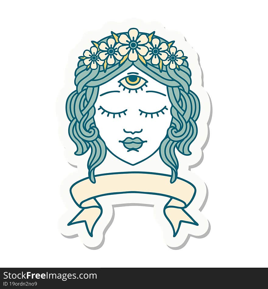 tattoo style sticker with banner of female face with third eye and crown of flowers. tattoo style sticker with banner of female face with third eye and crown of flowers