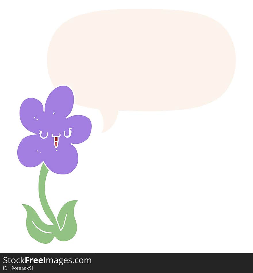 Cartoon Flower And Happy Face And Speech Bubble In Retro Style