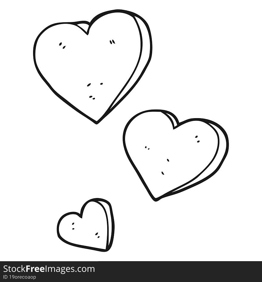 freehand drawn black and white cartoon hearts