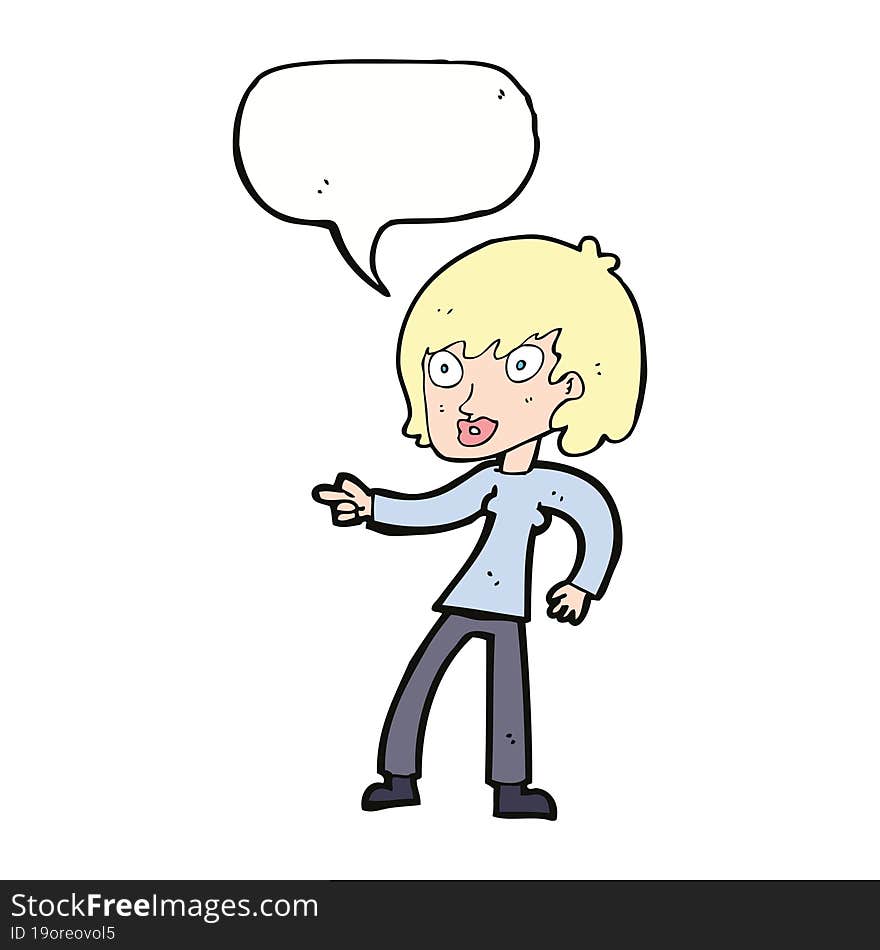 cartoon woman pointing with speech bubble