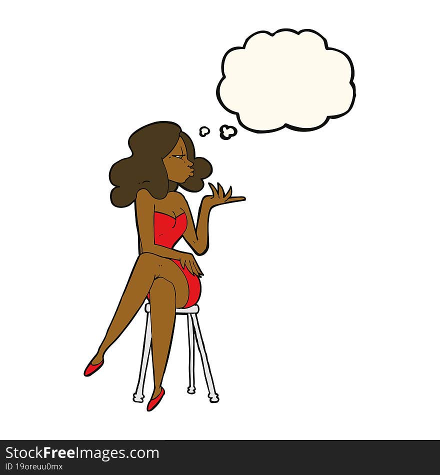 cartoon woman sitting on bar stool with thought bubble